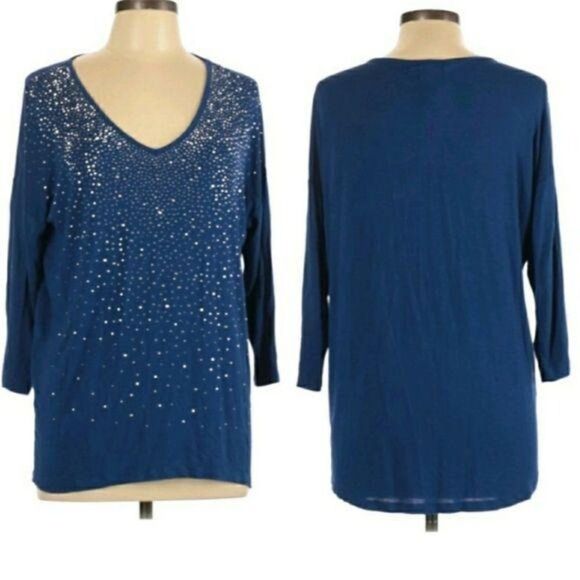 Design History Blue Bedazzled Jersey Knit V-neck Half Sleeve Tunic Top Sz L - Picture 1 of 10
